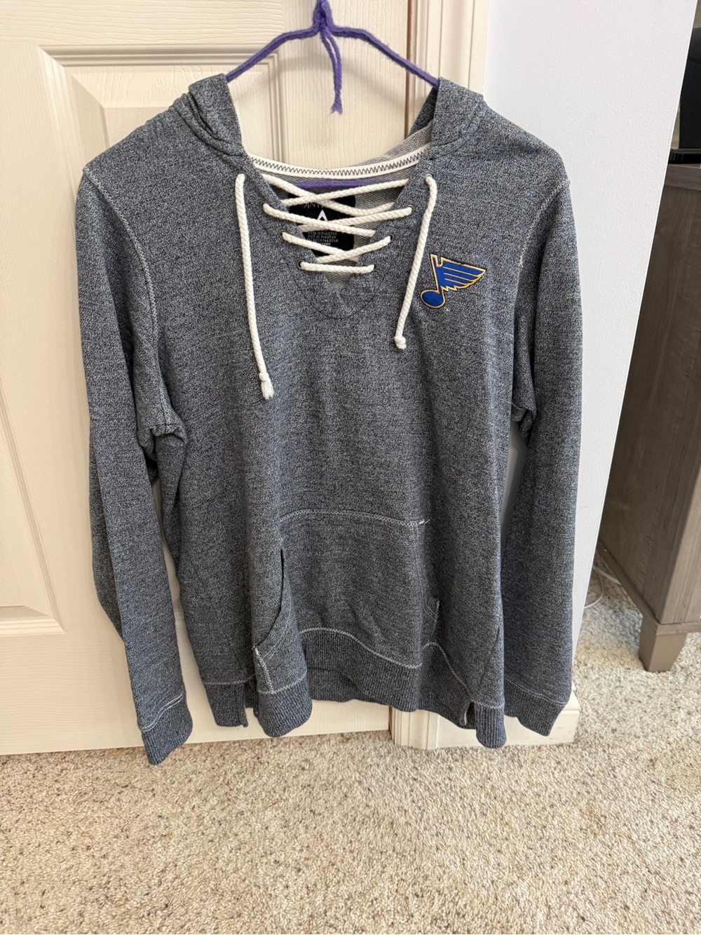 St. Louis Blues Gray Lace-Up Hoodie with Blue & Gold Note Patch size L